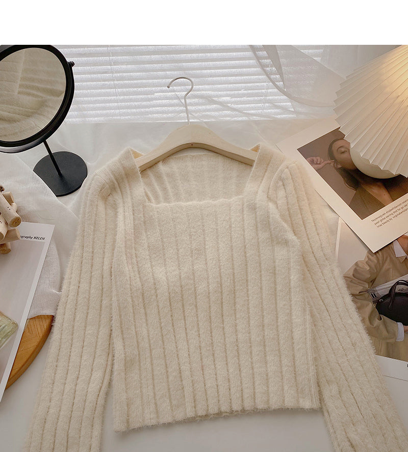 Niche design pit stripe sweater slim square neck top  6156