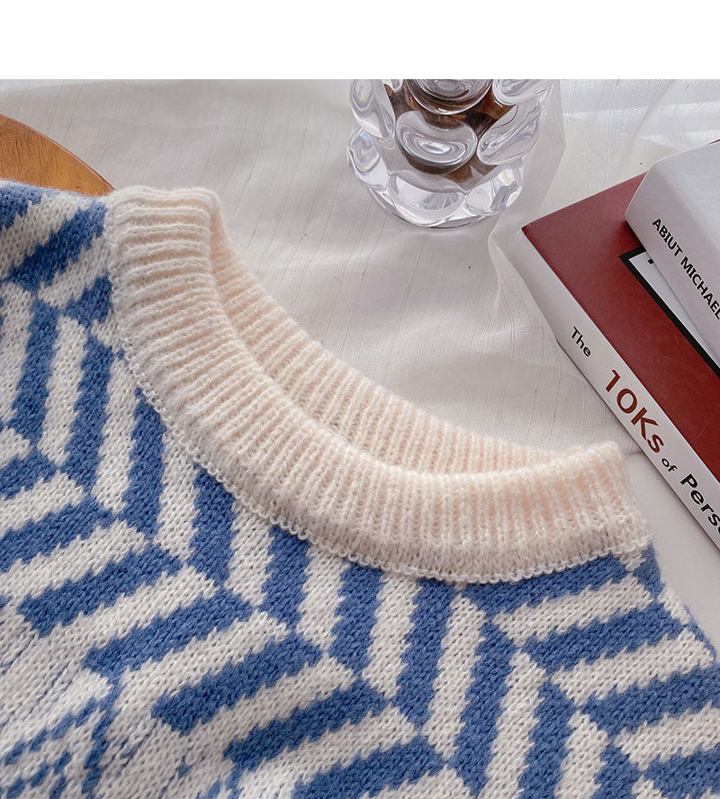 Pullover mit Rundhalsausschnitt in Kontrastfarbe, lockeres Langarm-Top 6097