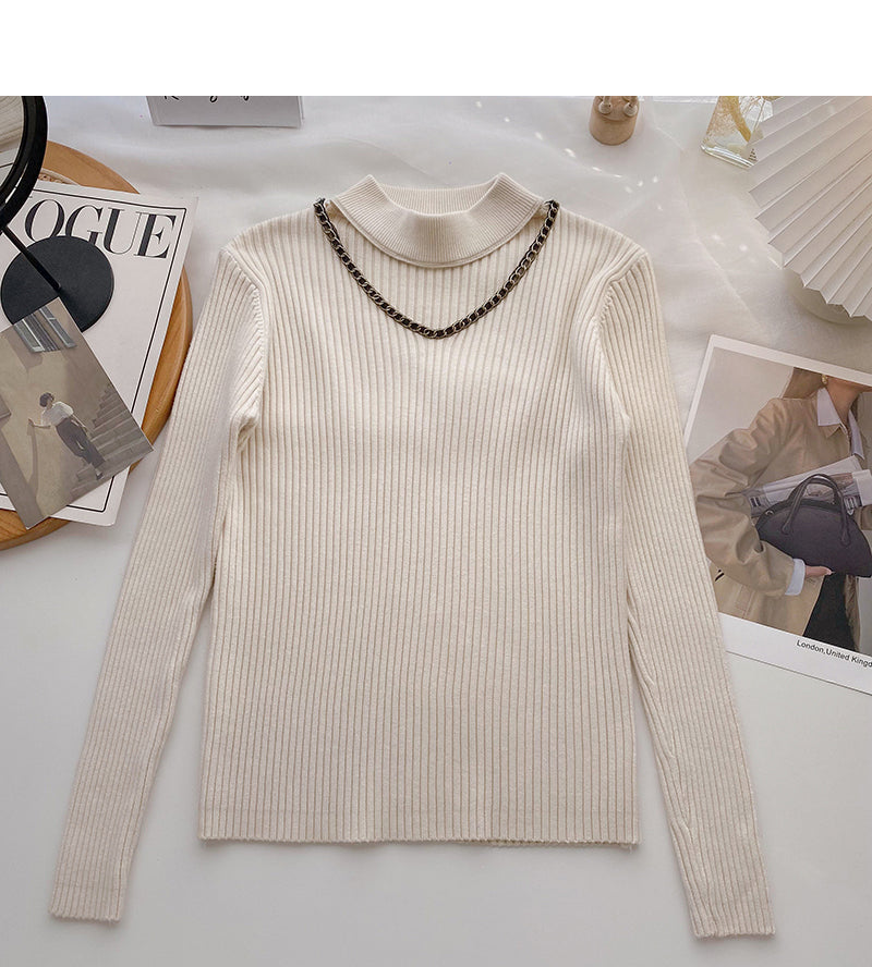 Design sense knitwear stand collar chain long sleeve top  6527