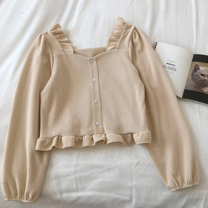 Corduroy Ruffle square collar collarbone short shirt  6246