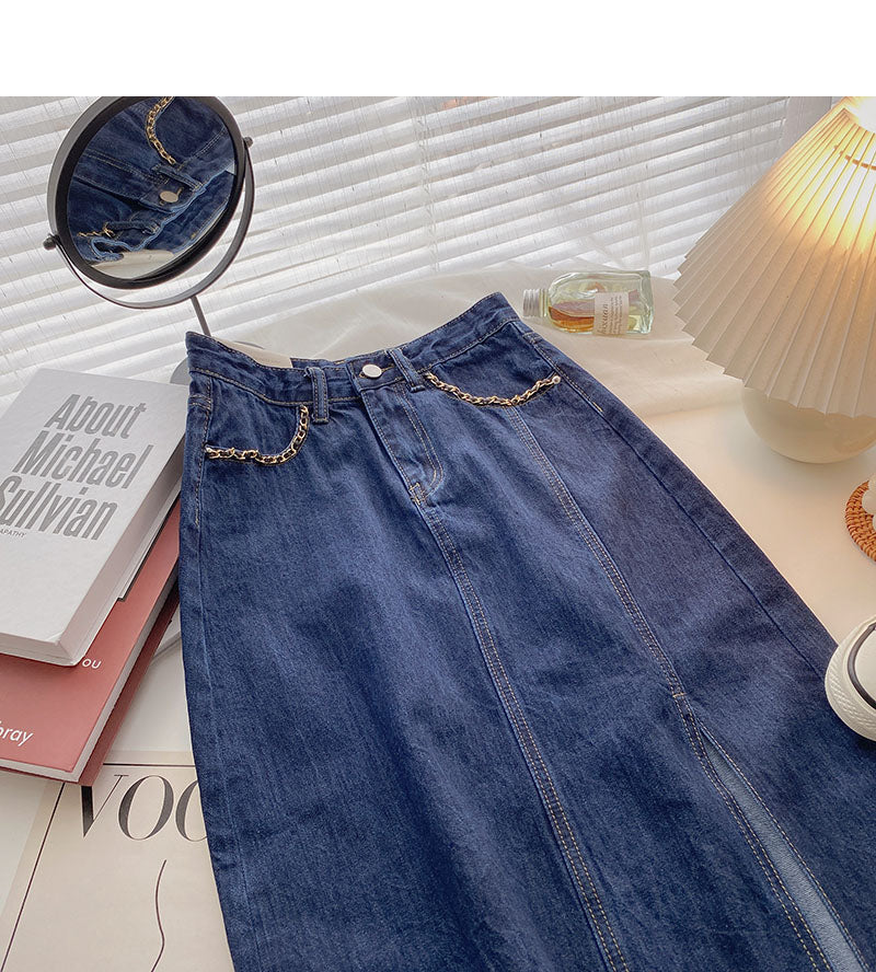 Small retro chain decorative high waist split A-line skirt  5722