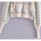 Pull jacquard vintage à manches bouffantes pour femme 7165