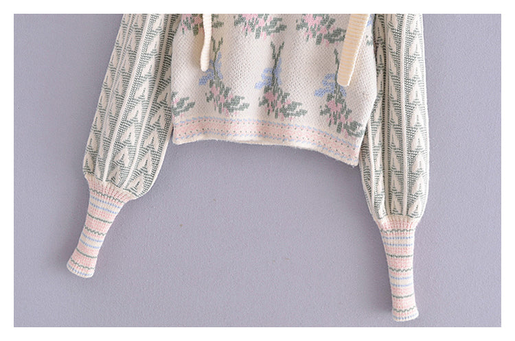 Pull jacquard vintage à manches bouffantes pour femme 7165