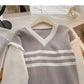Striped V-neck color blocking long sleeve T-shirt  6615