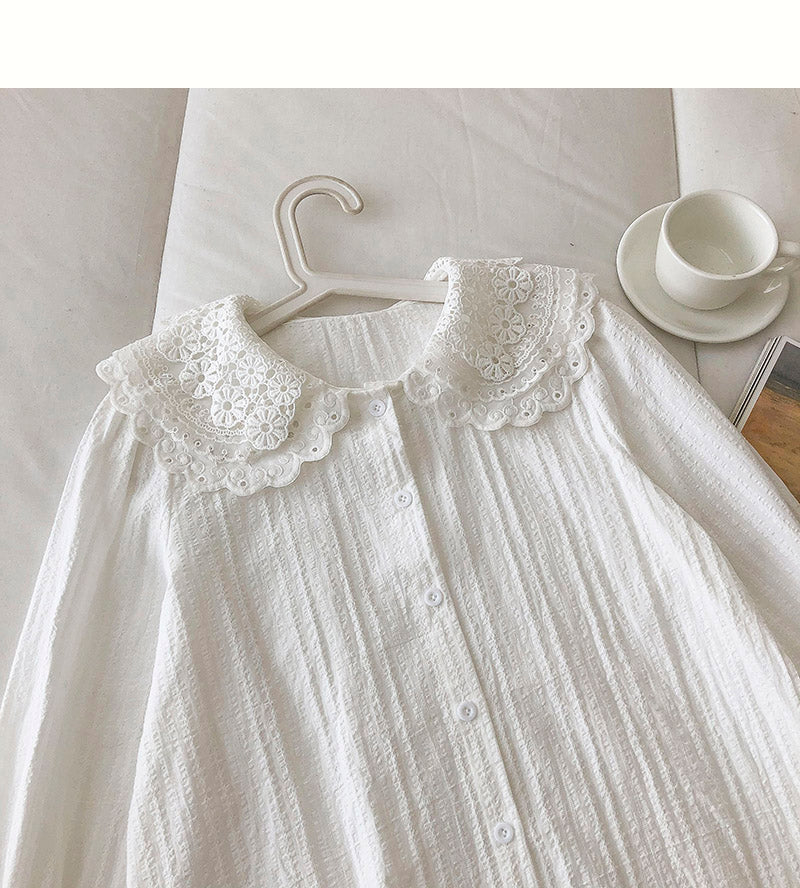 Female Crocheted hollow out baby collar breasted cotton linen shirt  6250