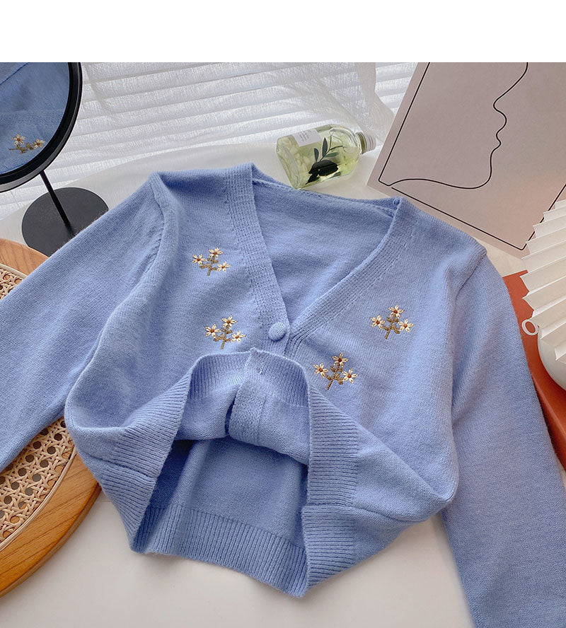 Floral embroidery V-neck short long sleeve jacket  5849