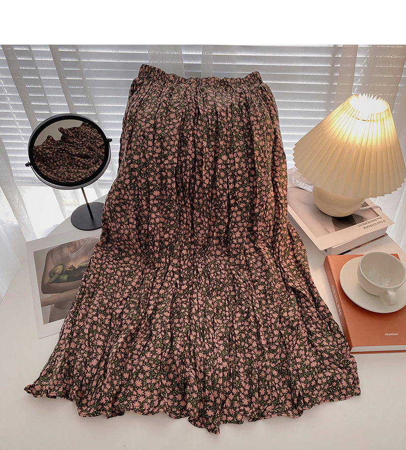 Hong Kong style retro floral high waist elastic A-shaped large swing skirt  5738