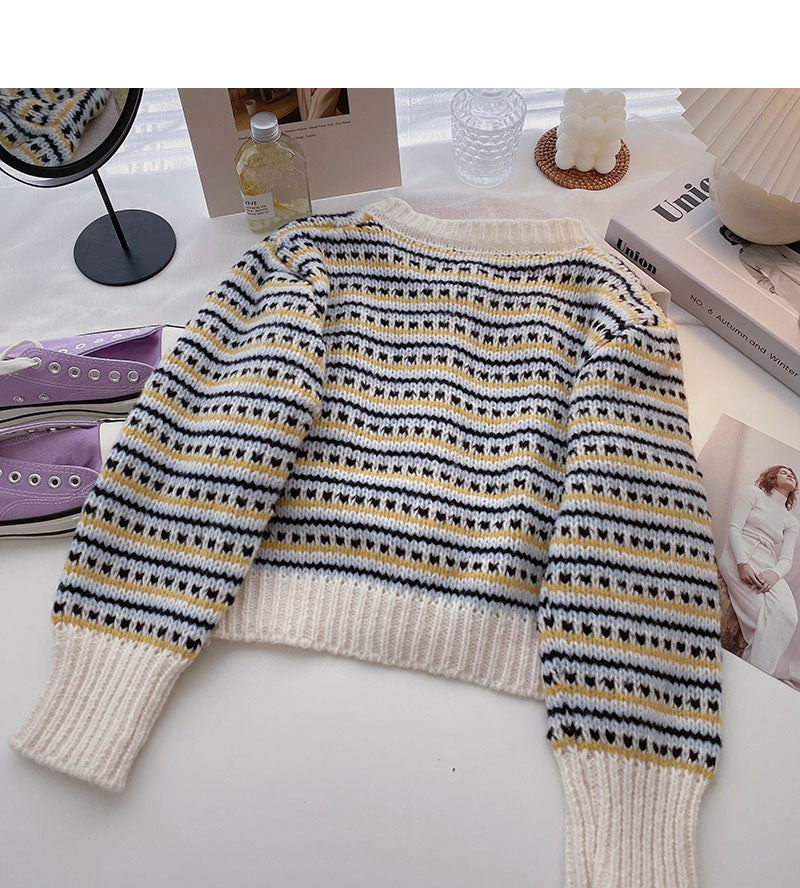 Niche fashion retro contrast striped long sleeved top  5883