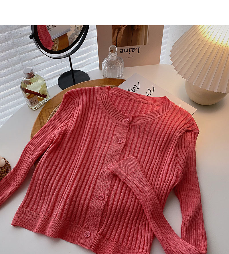 Koreanische Version, dünne, langärmlige, vielseitige, einfarbige Strickjacke mit Rundhalsausschnitt 6550