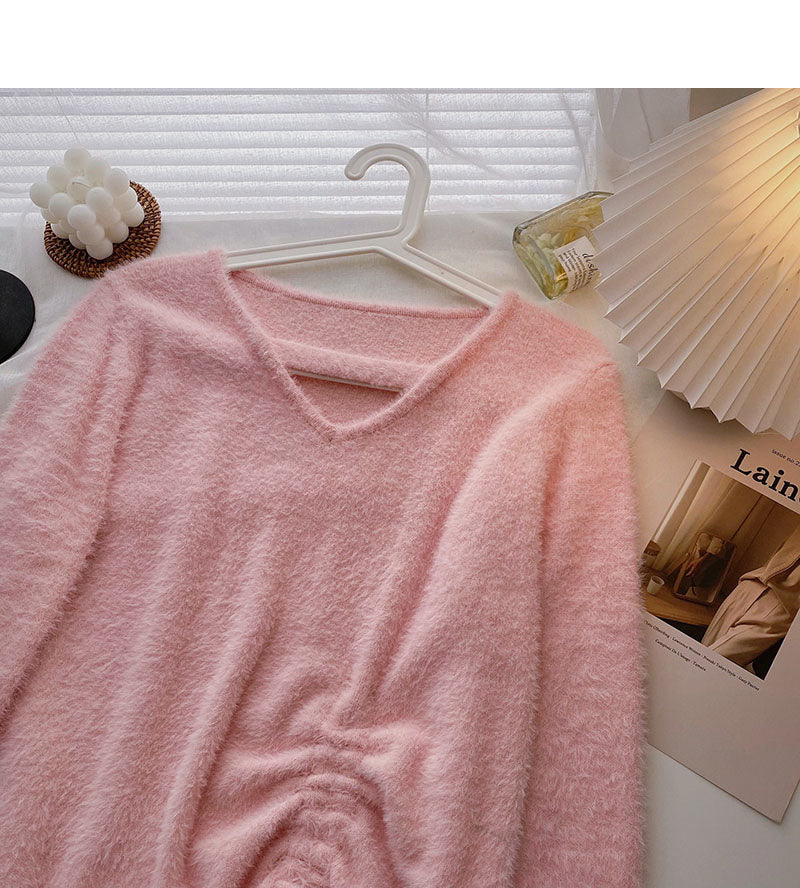 Imitation mink sweater niche V-neck drawstring slim top  6657