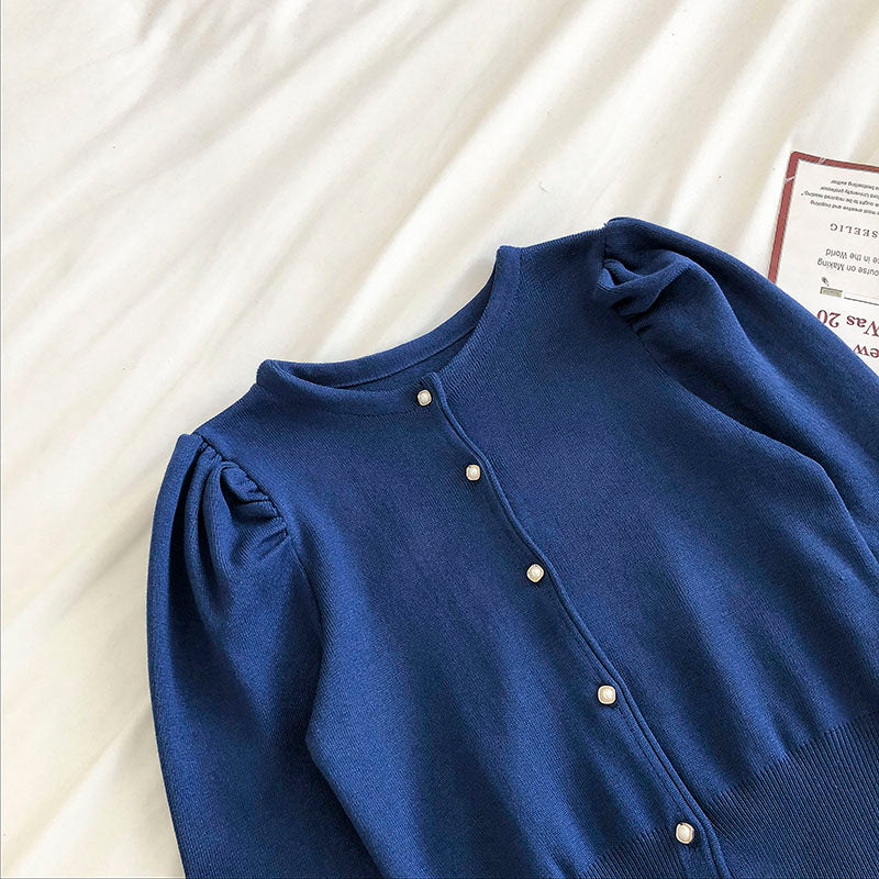 Einreihige Strickjacke mit Blasenärmeln Damenmode 6498