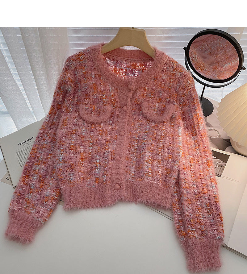Small fragrance temperament color knitted long sleeve short top  5945