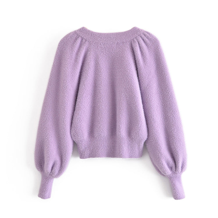 V-neck three button Lantern Sleeve Top Coat women's knitted cardigan  7237