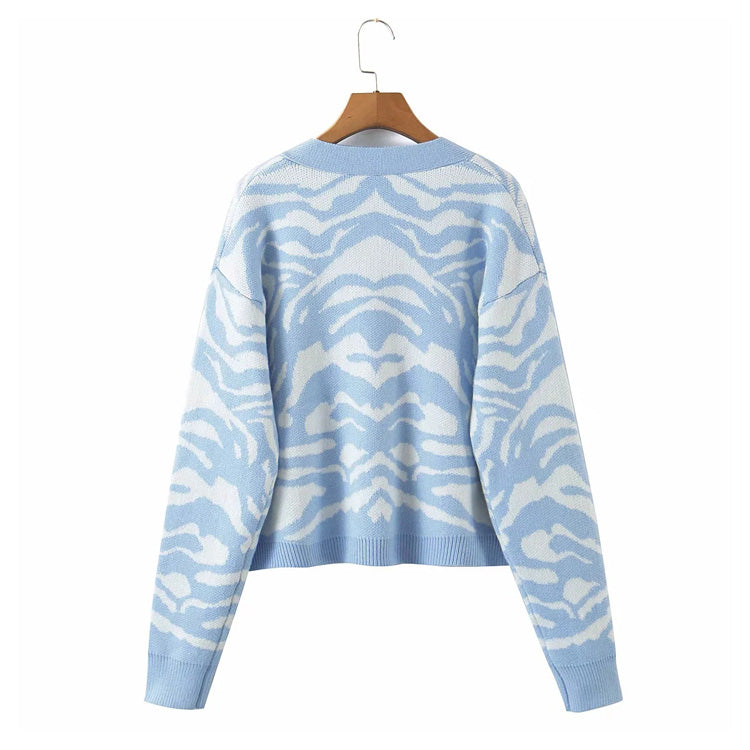 Horse jacquard long sleeve sweater lazy retro V-neck knitted cardigan  7265