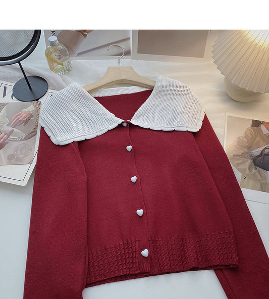 Babykragen Langarm Vintage Pullover Einreiher Top 6517