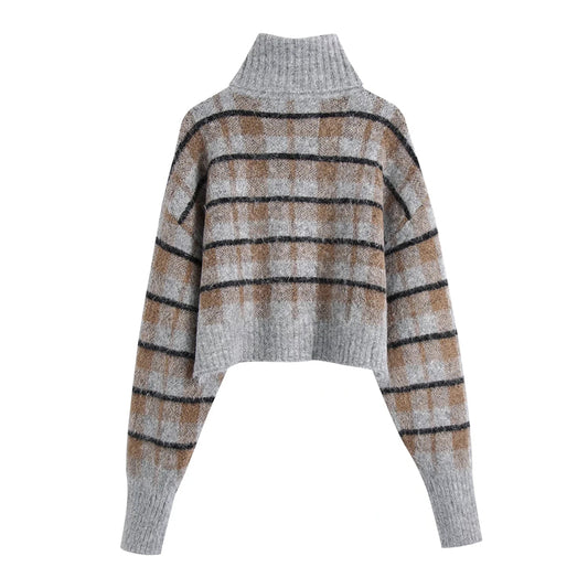 Nouveau pull slim à carreaux à col montant paresseux 7503
