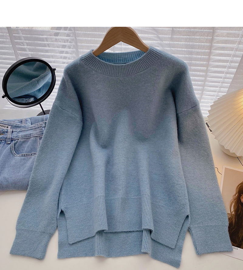 The new Korean style is simple, casual, loose, split long sleeved top  5949