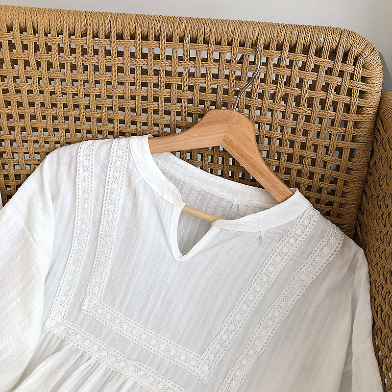 Lace stitched loose cotton linen long sleeved baby blouse  6231