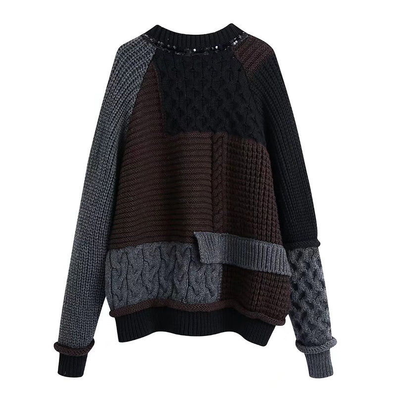 Fashion loose round neck Beaded patchwork sweater  7512