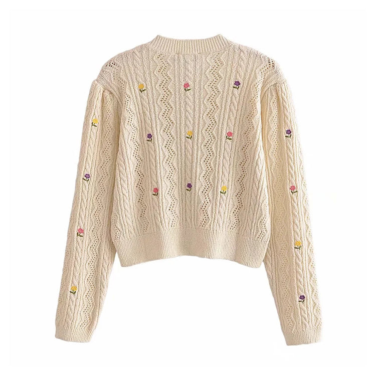 Flower embroidery round neck knitted sweater cardigan coat  7303