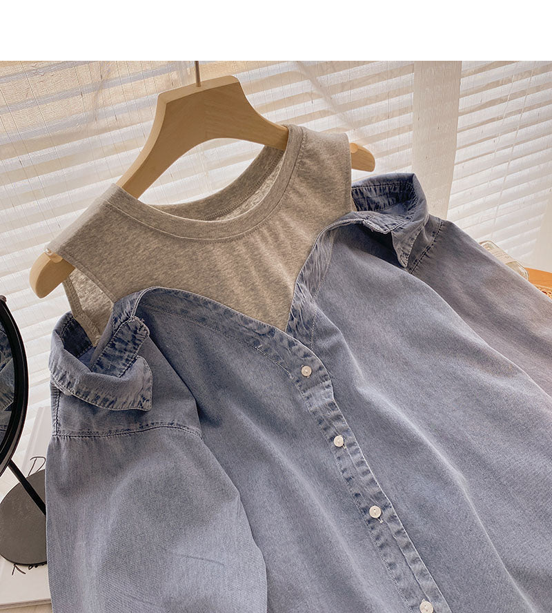 Vintage washed denim shirt women's Korean loose top  6288