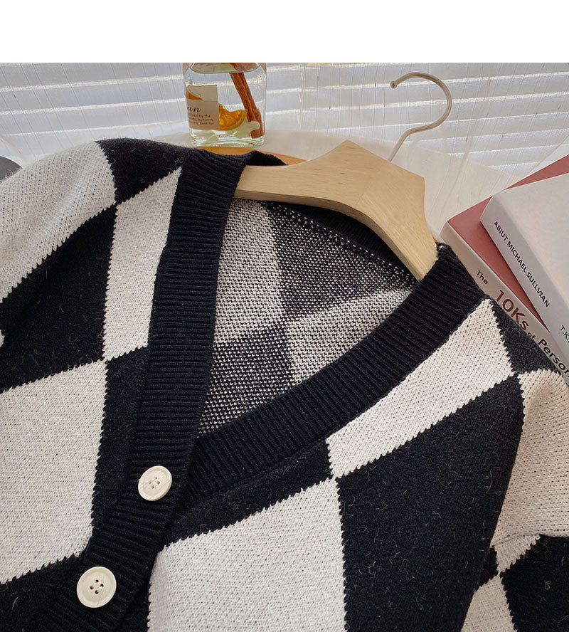 Fashion retro color blocking Plaid long sleeve loose cardigan  6007