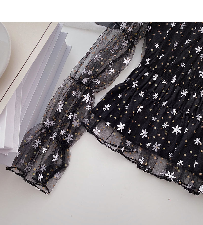 Gauze floral long sleeve square neck slim short blouse  6261