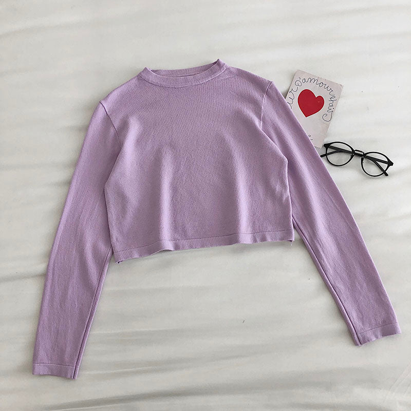 Solid color simple sweater long sleeve Pullover Top  6456