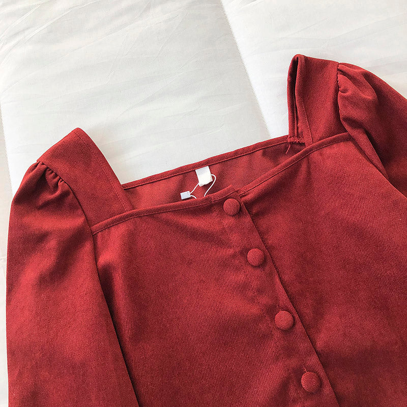 Solid color square neck long sleeve shirt cardigan  6252