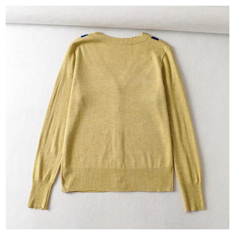 V-neck rhombic jacquard loose thin knit cardigan top  7443