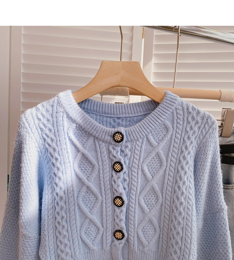 High waist short twist sweater single breasted cardigan top  6139