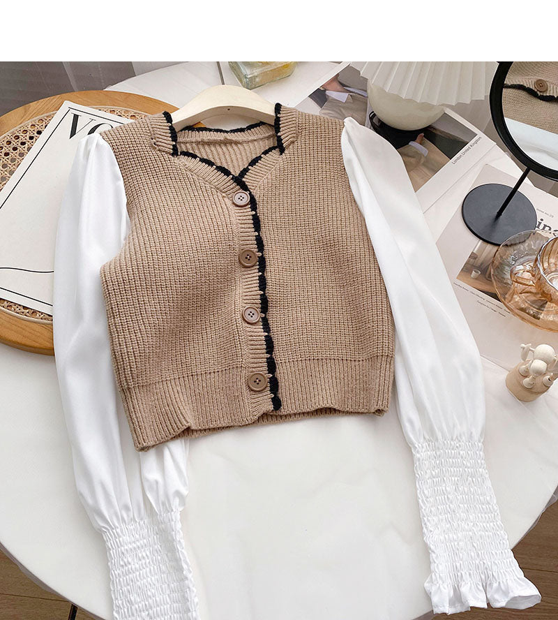 Französische zweiteilige Bluse mit kleinem eckigem Ausschnitt und genähten langen Ärmeln 6592