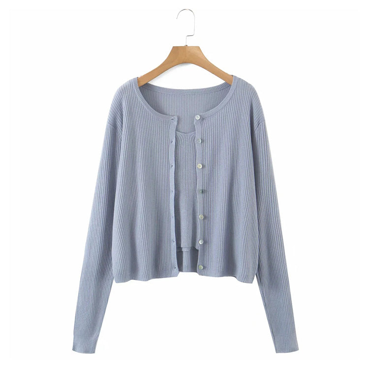 Zweiteiliges T-Shirt-Set mit V-Ausschnitt und Hosenträgern, Knopf, Langarm, Strickjacke 7275