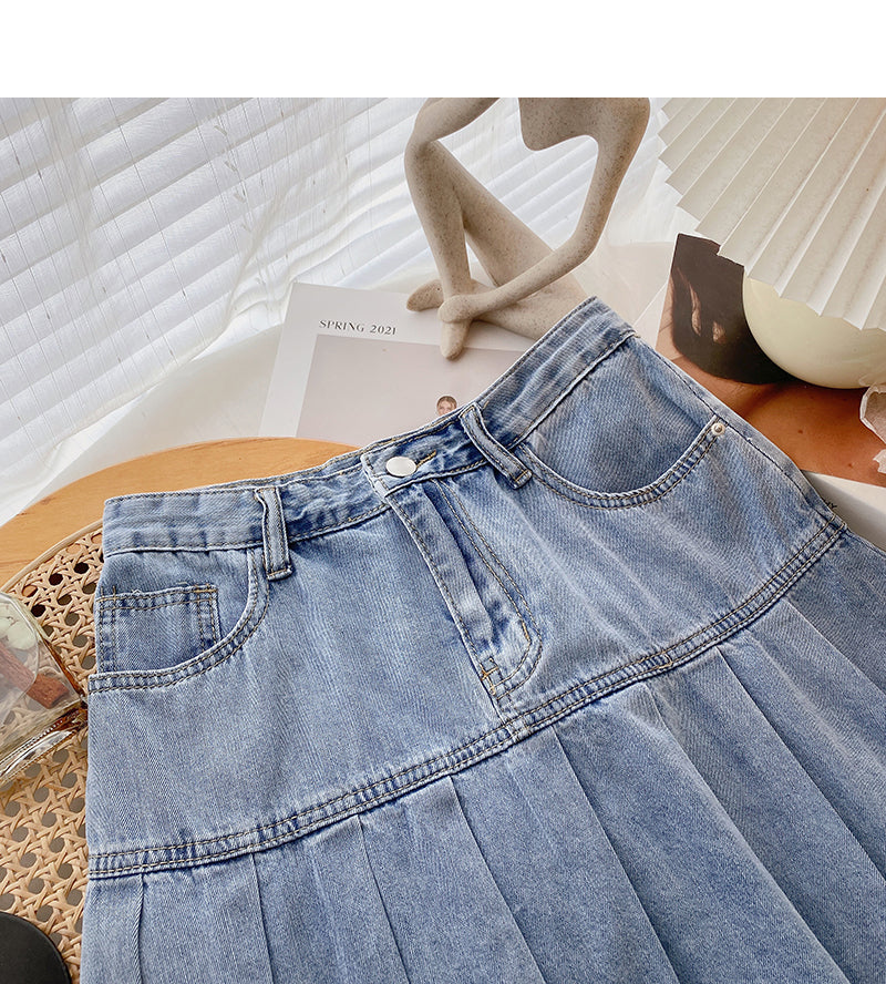 Jupe plissée taille haute en denim coupe A avec jupe fine 5623