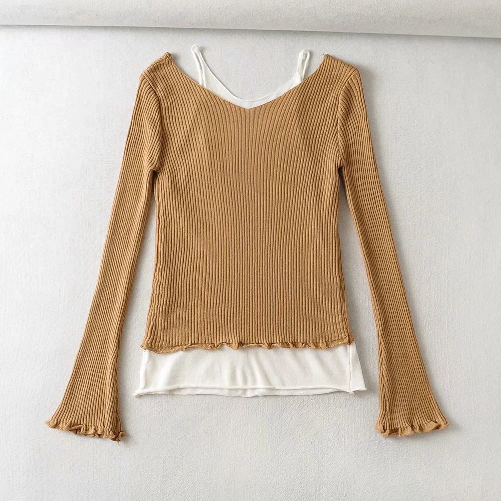 Tricot slim polyvalent à deux épaules dénudées et contraste de sens du design 7386