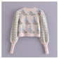 Pull jacquard vintage à manches bouffantes pour femme 7165