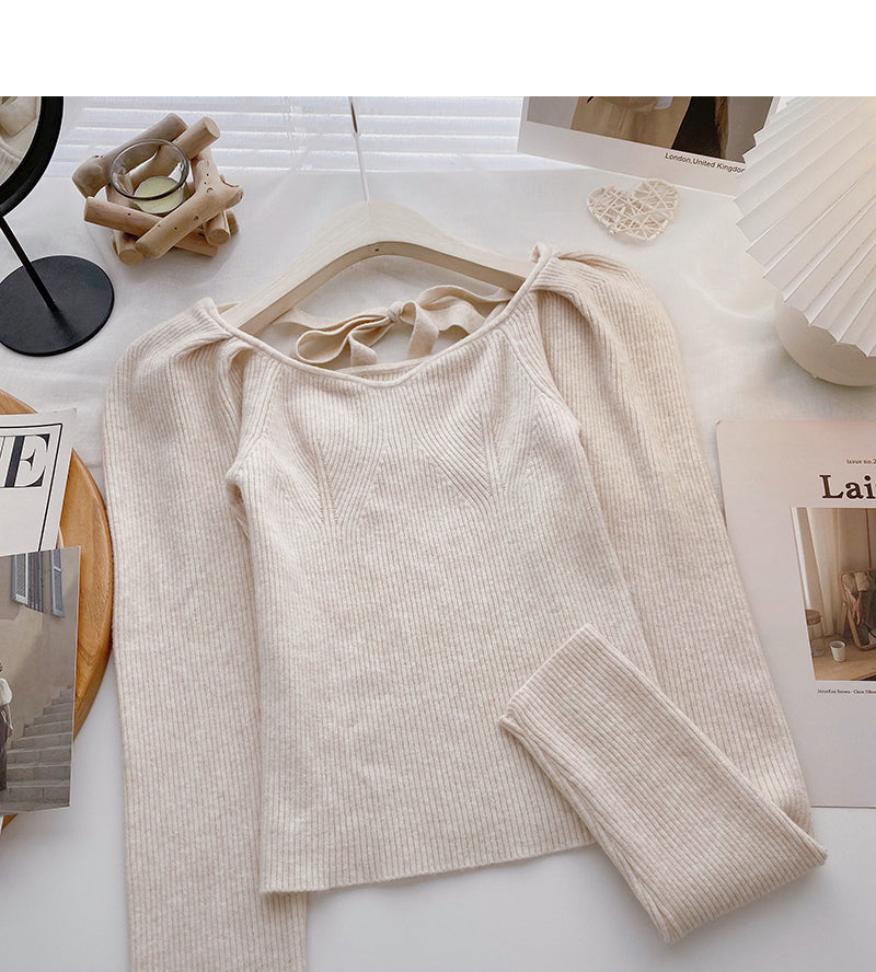 Large round neck leaky clavicle sweater bandage long sleeve top  6611