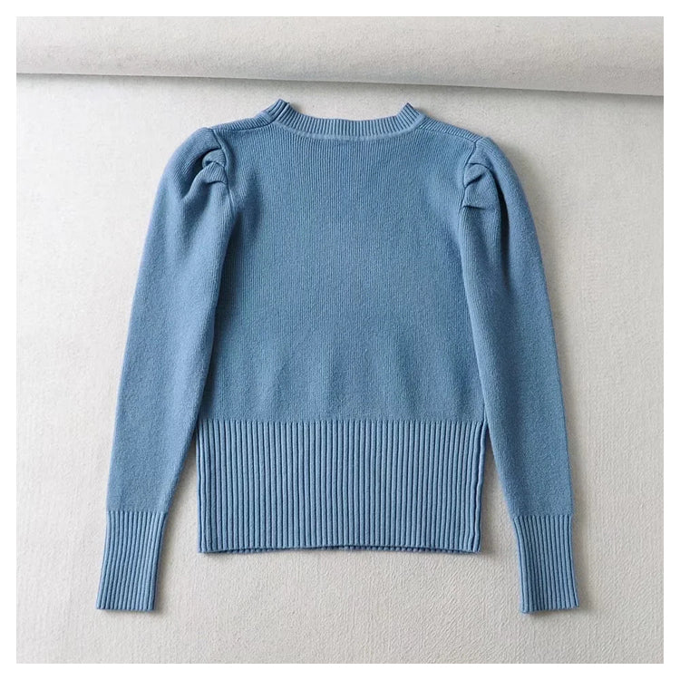 Round neck bubble sleeve elastic slim knit sweater  7444