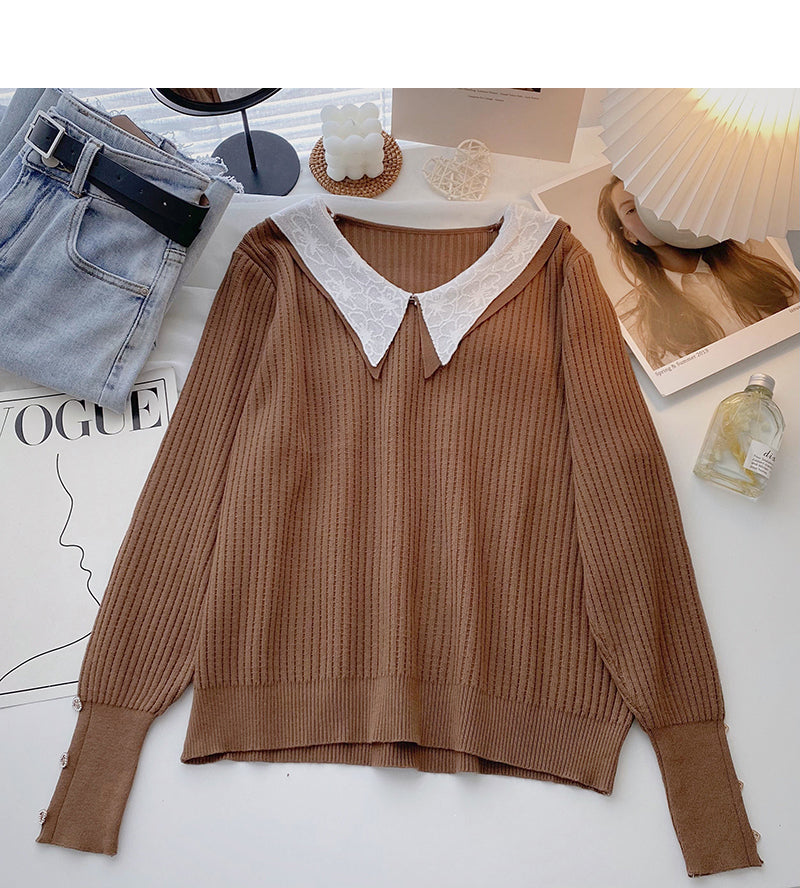 Design Sense Strickwaren Vintage Langarm Pullover Revers Top 6660