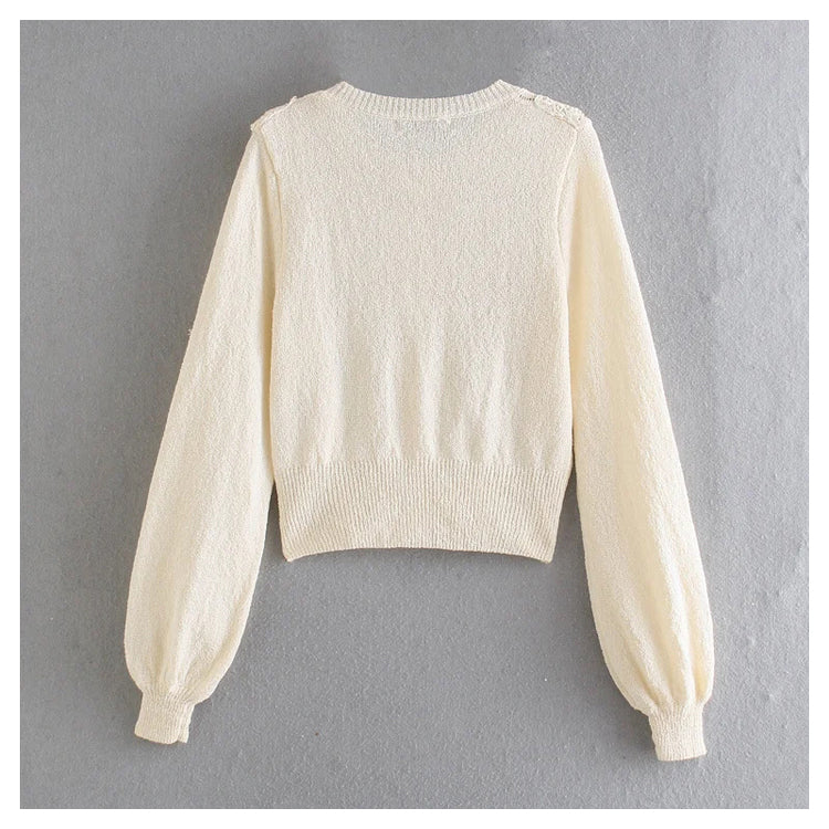 Vintage hollow out crew neck Ruffle button knit cardigan sweater  7366