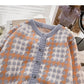 Small fragrance retro color matching thousand bird lattice long sleeve top  5942
