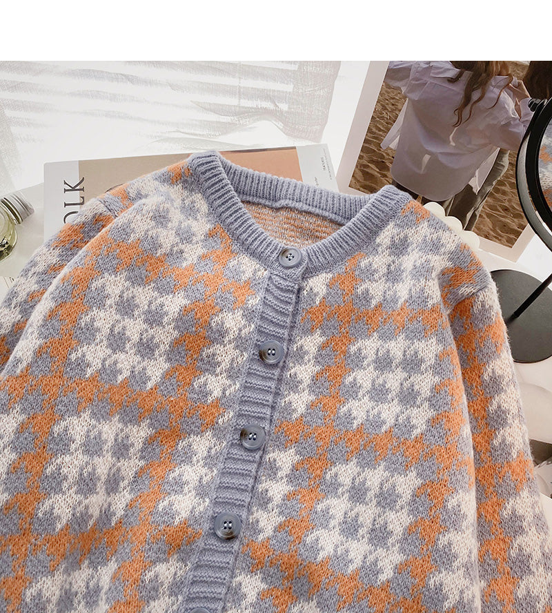 Small fragrance retro color matching thousand bird lattice long sleeve top  5942