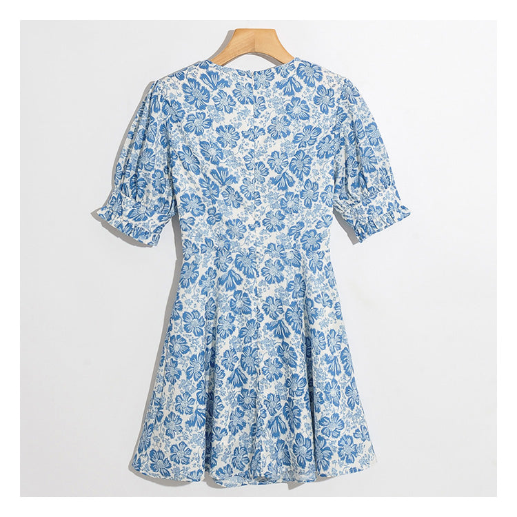 Neue Mode, vielseitiger Blumendruck, V-Ausschnitt, schmales Bandage-Blasenärmelkleid 7025