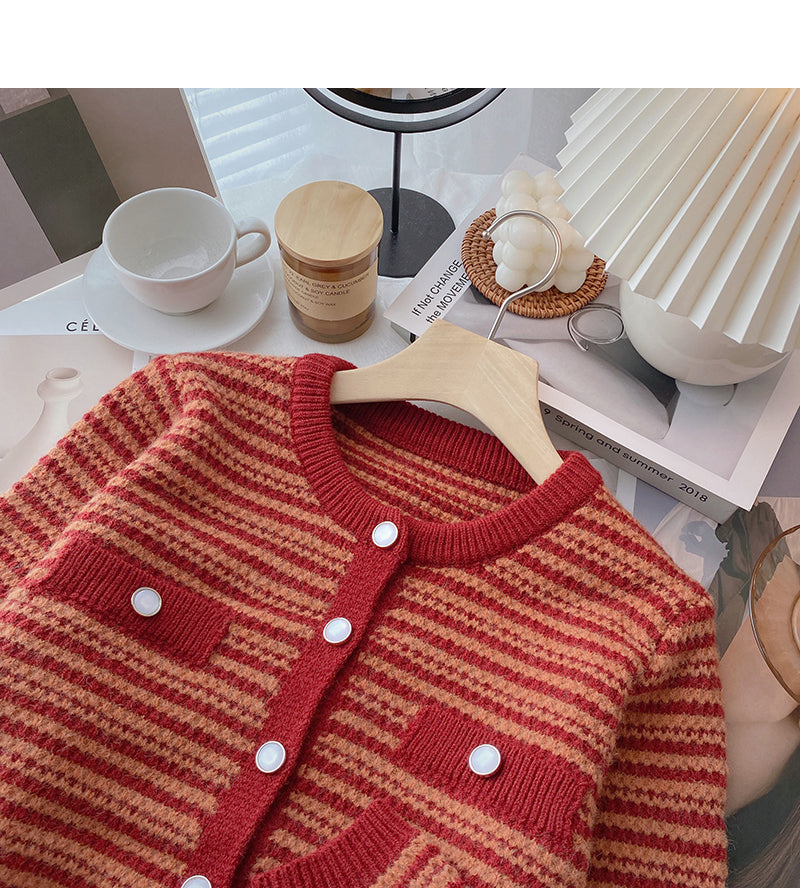 Single breasted crew neck Vintage stripe sweater  6202