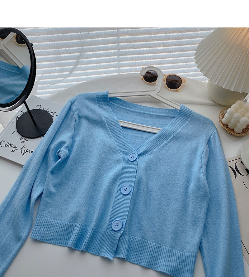 Long sleeve V-neck short T-shirt solid small coat  6442