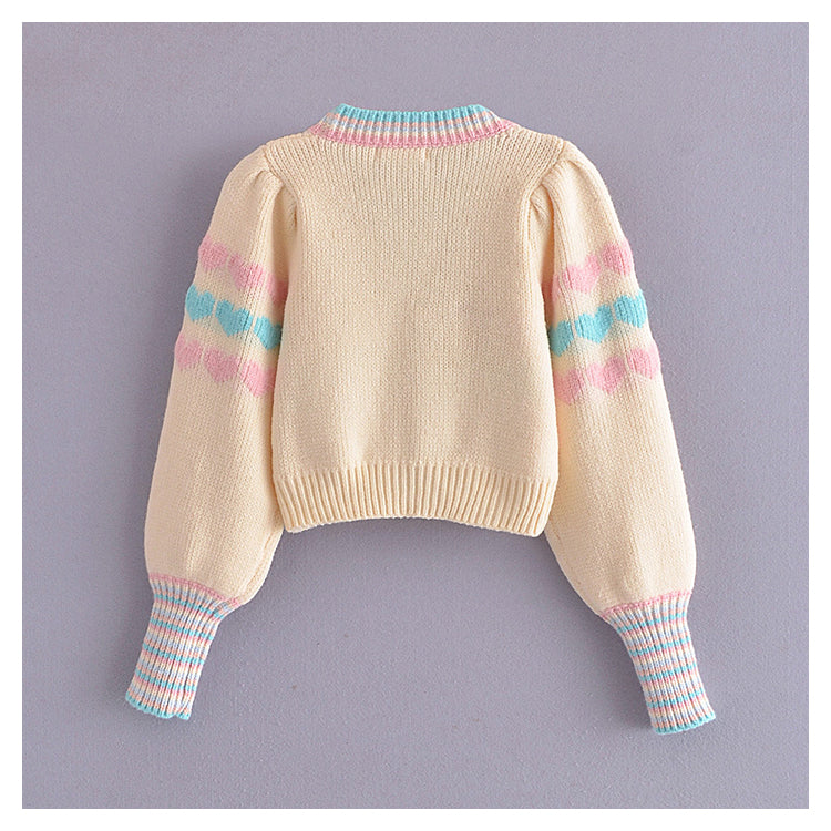 Love printed V-neck bubble sleeve knitted cardigan  7191