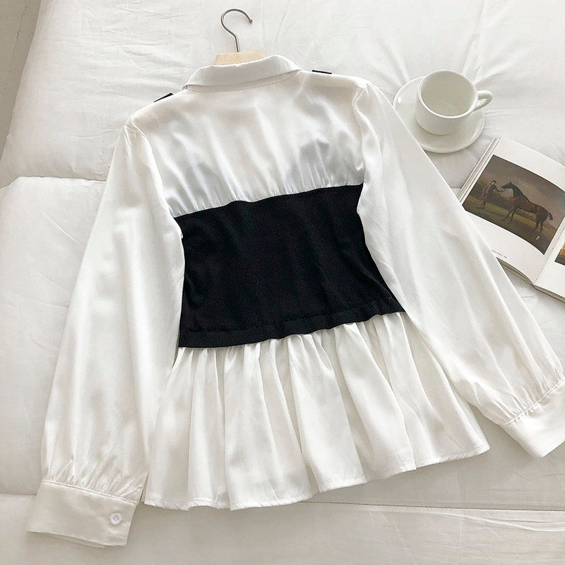 Women's black suspender stitched with white fake two-piece shirt  6247