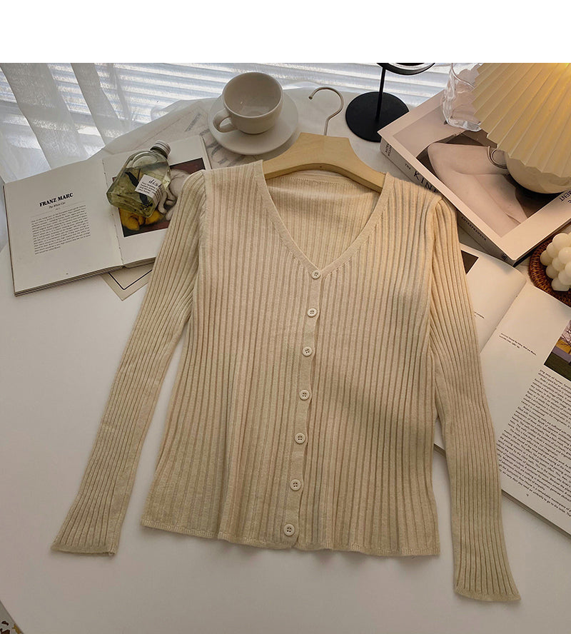 Knit cardigan slim slim V-Neck long sleeve top  6514