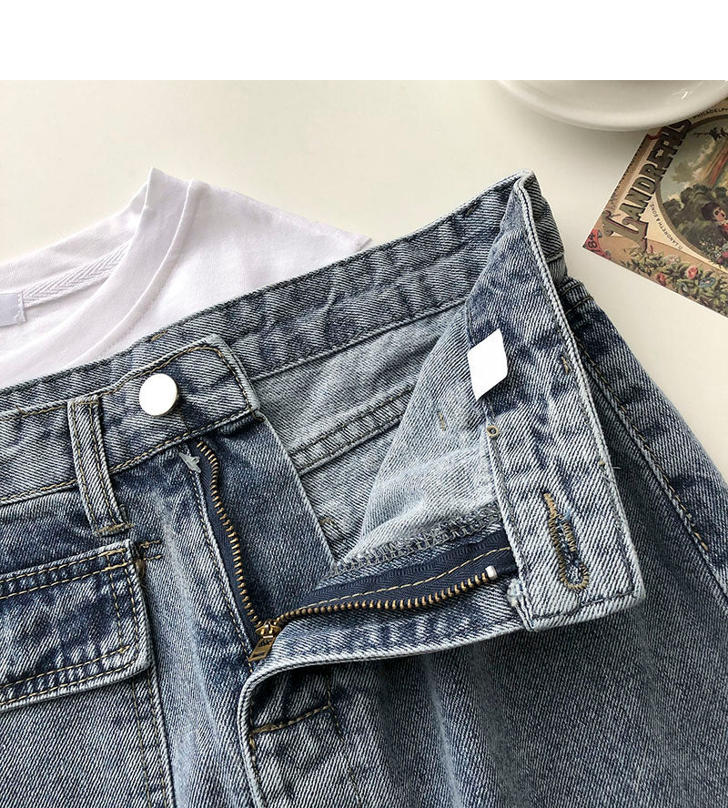New women's Korean retro denim high waist A-line skirt  5691