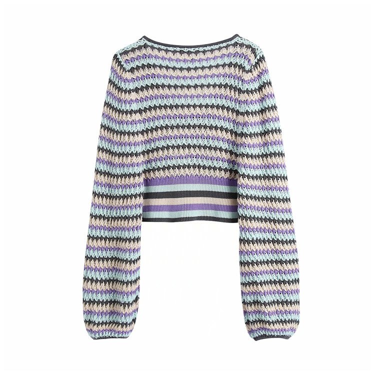 V-neck Lantern Sleeve T-Shirt contrast stripe hollowed out  7230